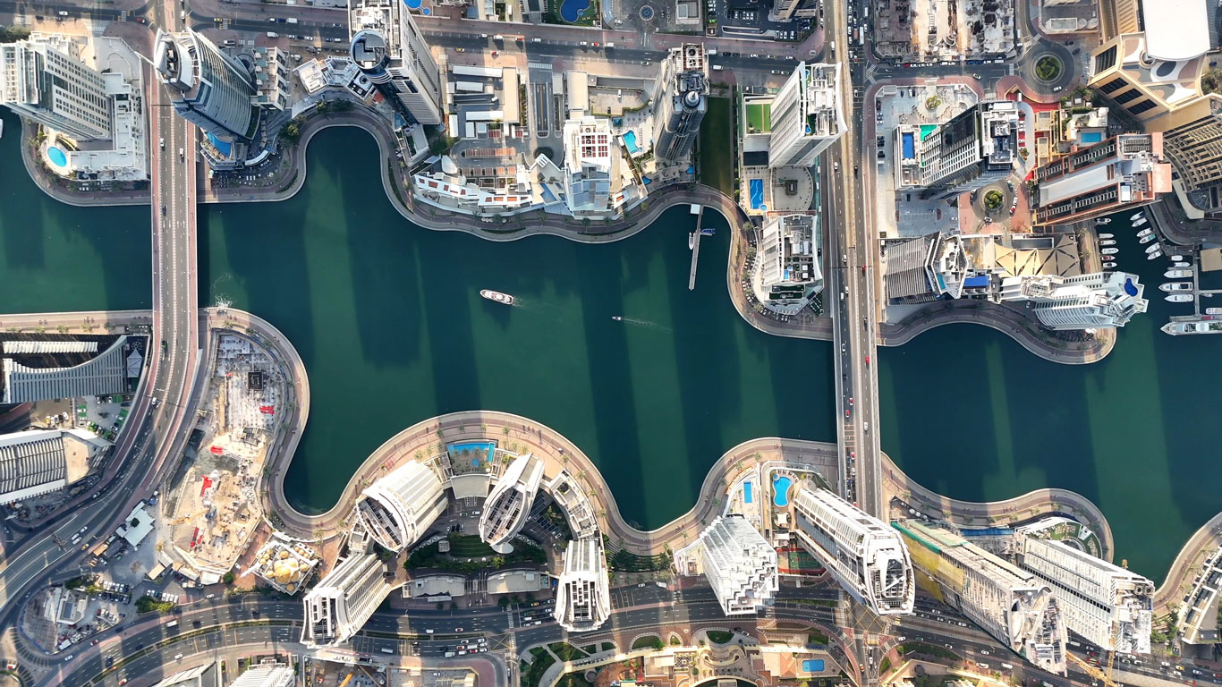 Dubai Marina aerial overview of canal
