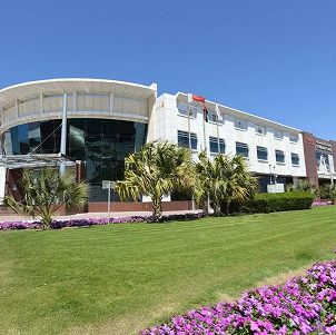Dubai Municipality building exterior with landscaped garden and blooming flowers